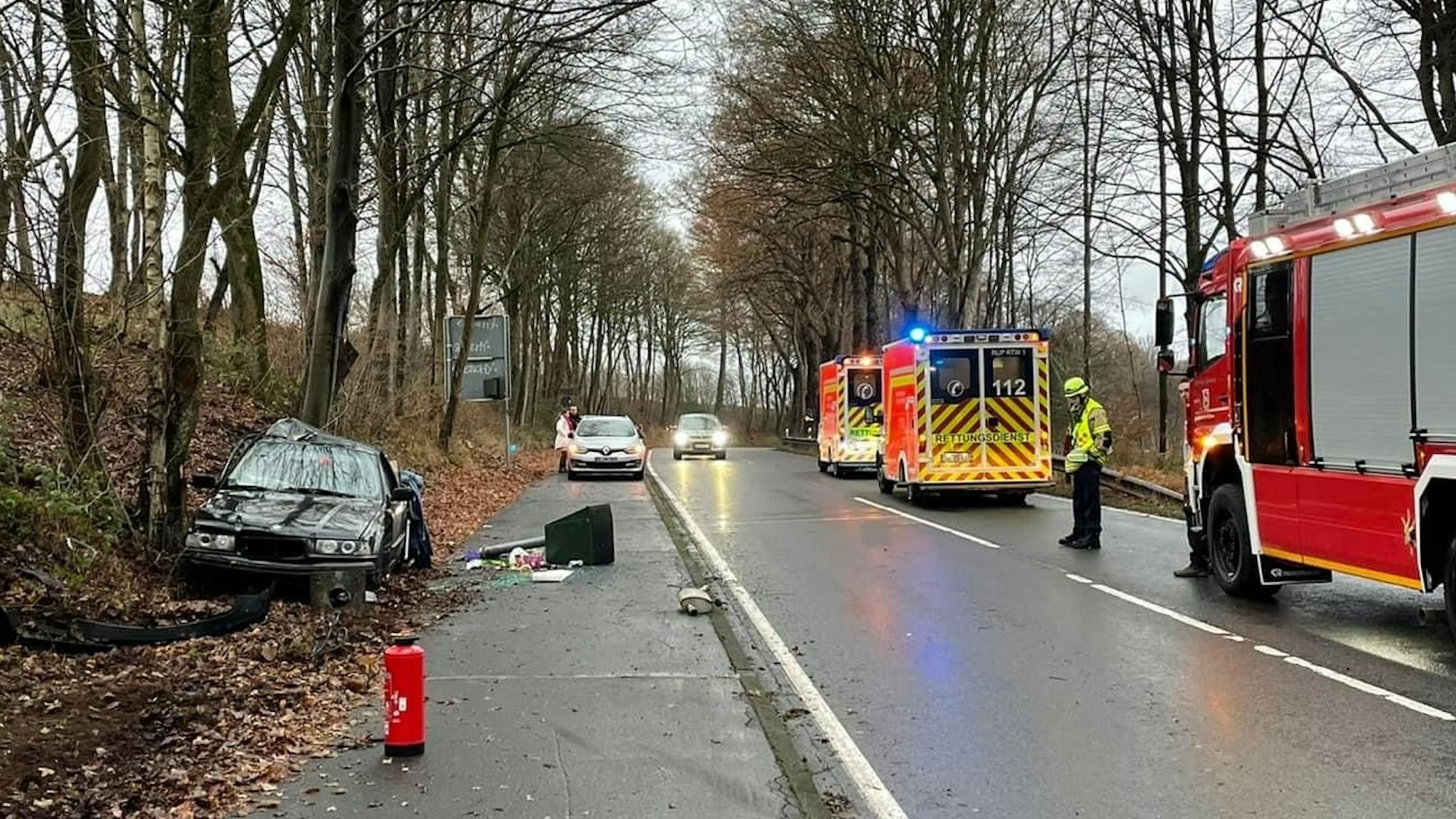 Auf einer regennassen Straße stehen Einsatzfahrzeuge der Feuerwehr und des Rettungsdienstes mit Blaulicht. Bäume säumen die Straße, im Graben liegt ein Pkw mit abgerissener Stoßstange, daneben die abgeknickte Blitzanlage.