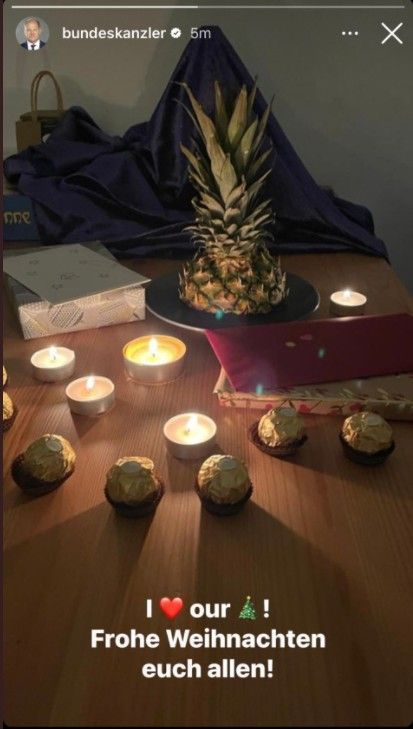 Der Screenshot aus einer Instagram-Story des Bundeskanzlers zeigt eine halbe Ananas, die als Weihnachtsbaum taugen soll, dazu Teelichter.