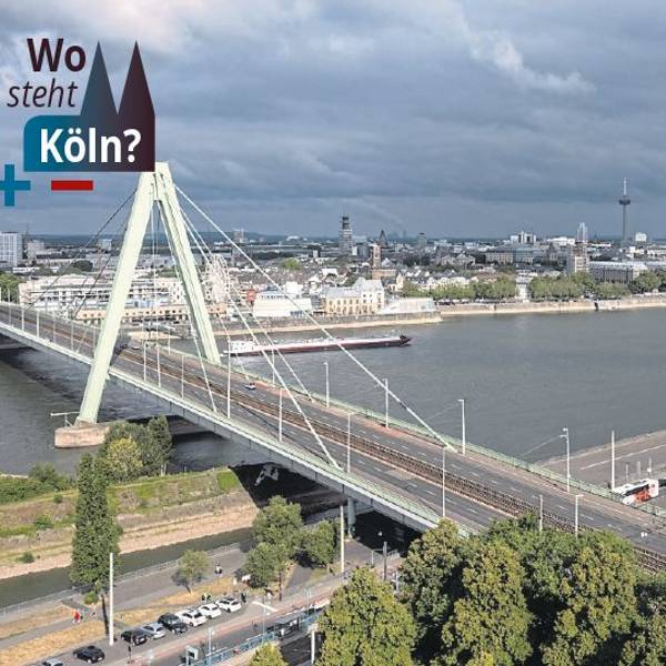 Die Severinsbrücke mit dem Rheinufer der Innenstadt.