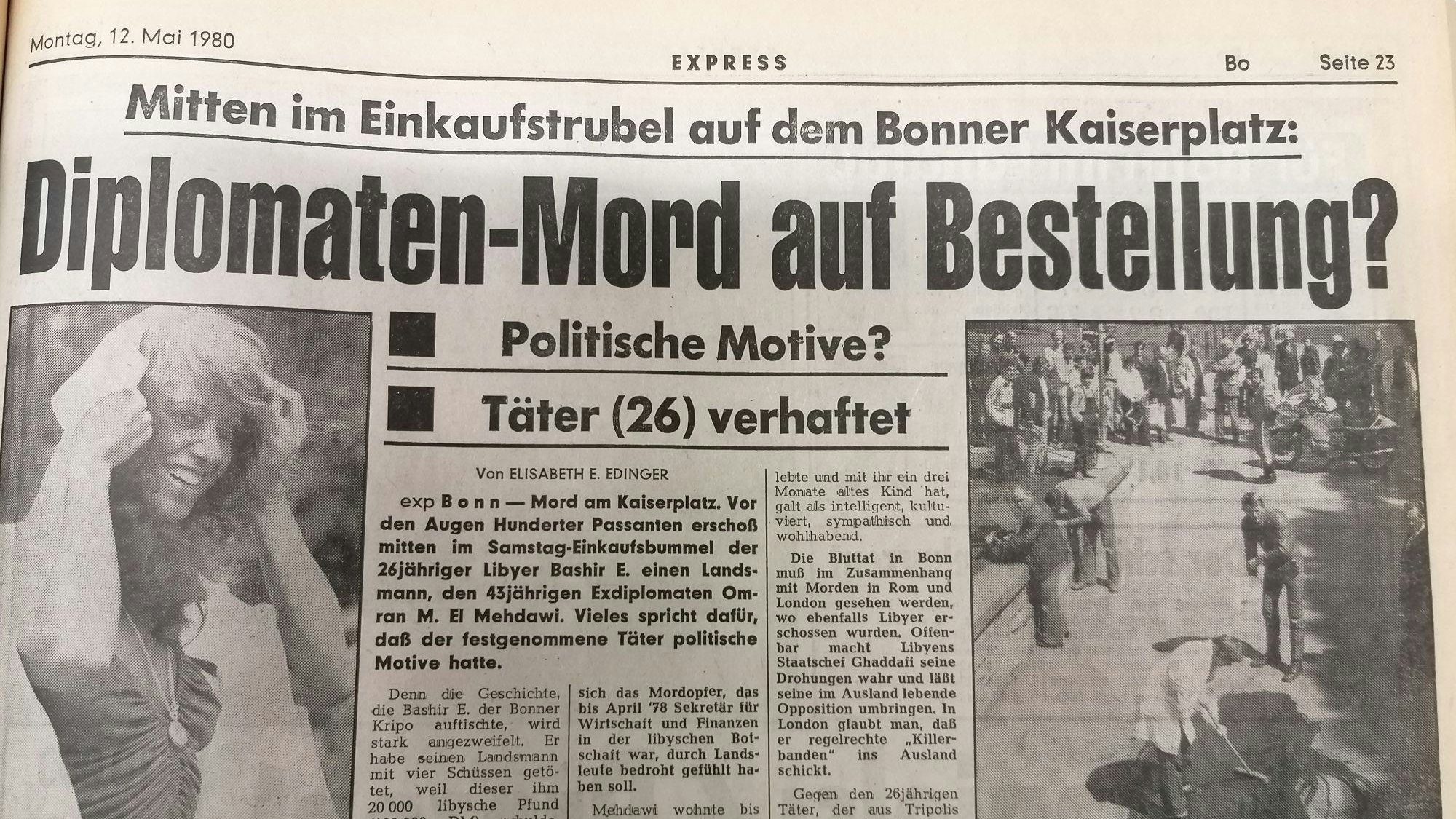 Bild einer Zeitungsseite im Mai 1980 mit der Zeile „Diplomaten-Mord auf Bestellung?"