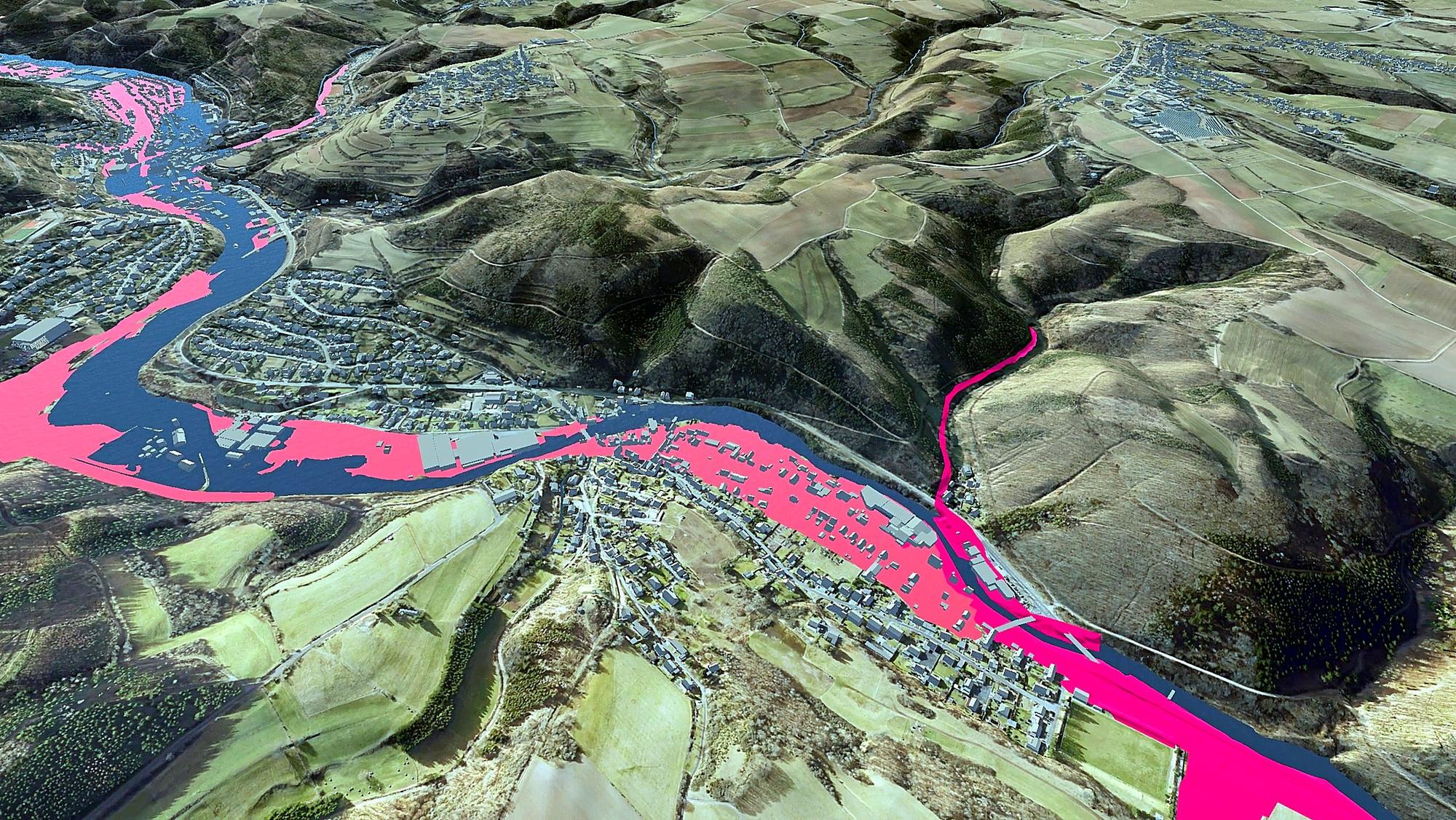 Das 3D-Modell zeigt in Blau und Rot die überfluteten Bereiche von Olef.