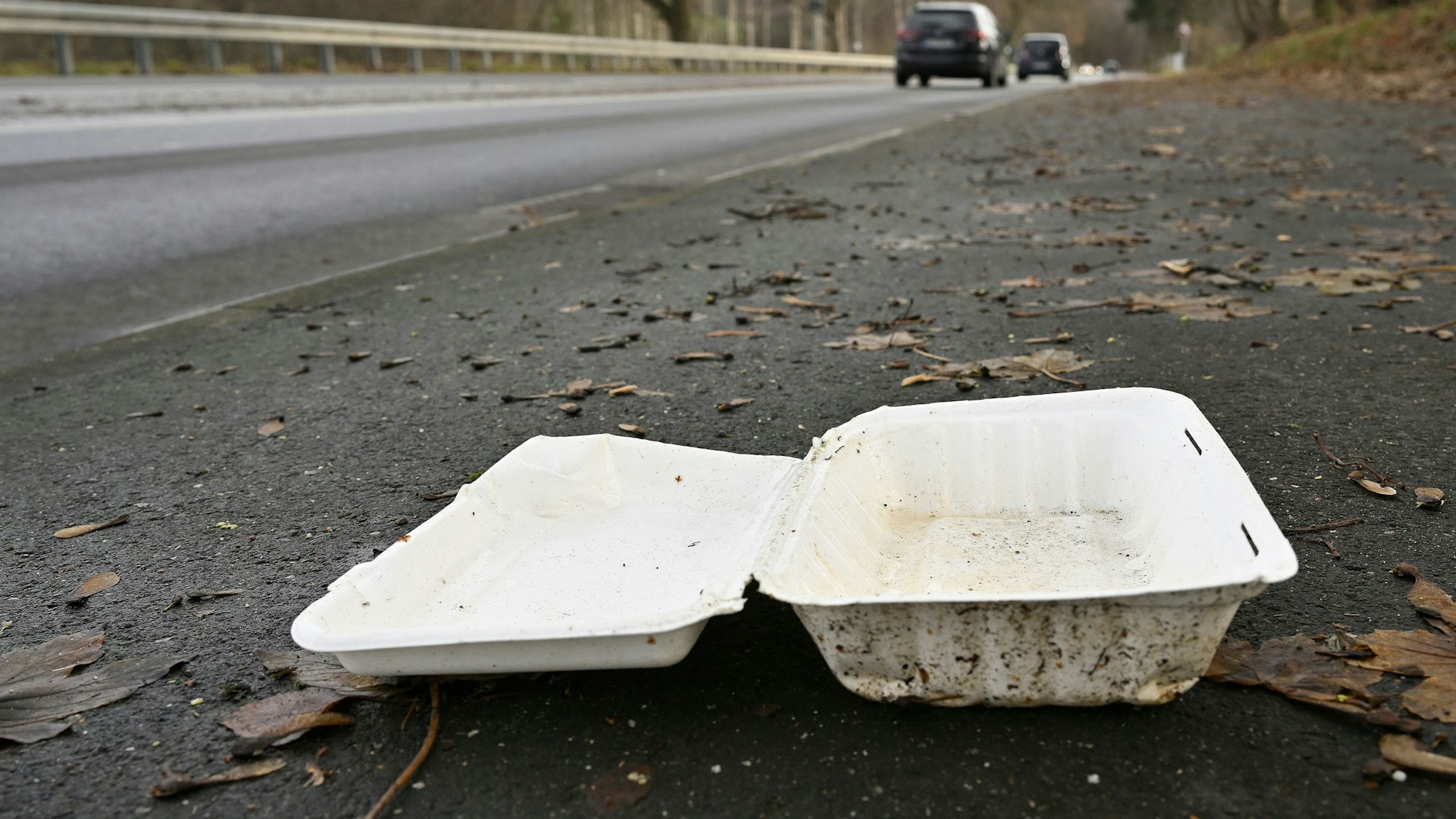 Ein Essensverpackung liegt am Straßenrand.