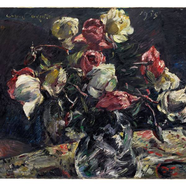 Lovis Corinths Gemälde Helle Rosen zeigt einen Blumenstrauß vor schwarzem Hintergrund.