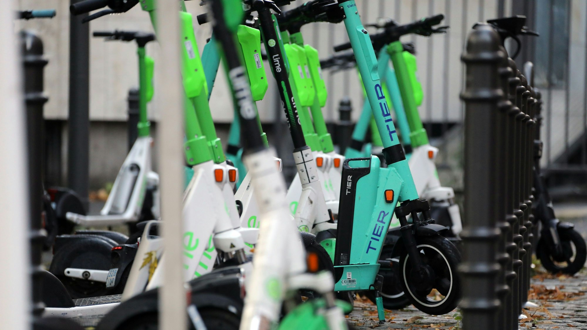 Mehrere parkende E-Scooter von verschiedenen Marken stehen nebeneinander aufgereiht.