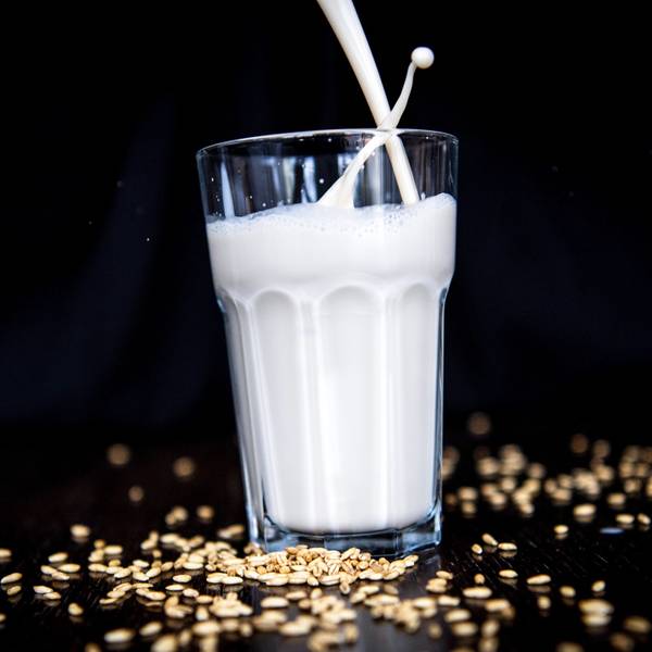 Siegeszug der Hafermilch: Ein Glas mit weißer Flüssigkeit, außen herum roher Hafer.