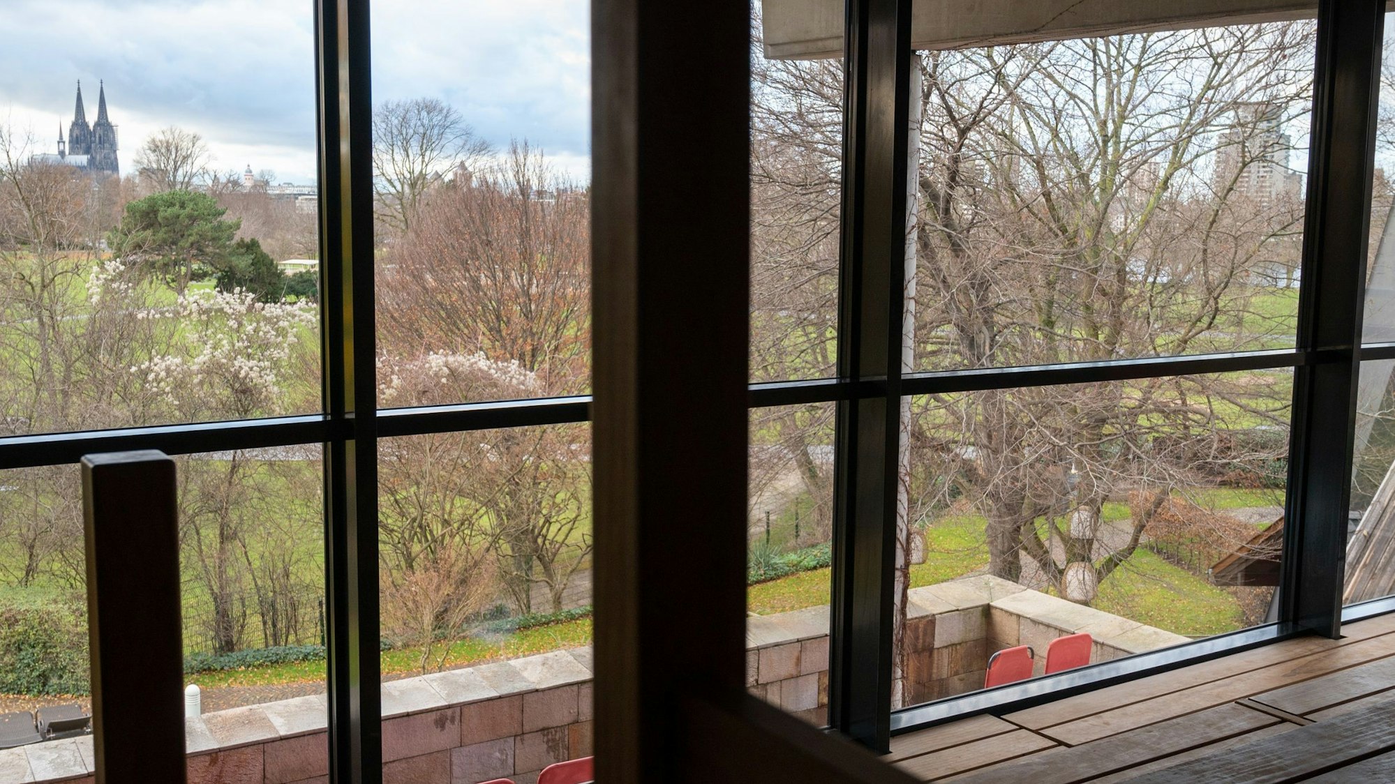 Sauna mit Holz und Glasfront, Blick auf den Rheinpark.
