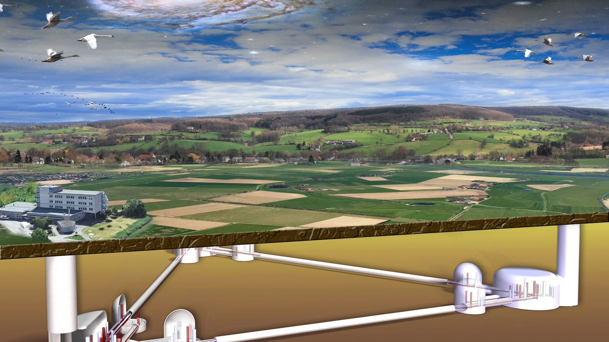 Das Bild ist eine Grafik, die den geplanten Bau des Einstein-Teleskops zeigt. Durch einen Querschnitt sieht man die Tunnel, die unterirdisch im Dreieck angeordnet sind. Oberirdisch ist die ländliche Region des Dreiländerecks sowie ein Institutsgebäude zu sehen.