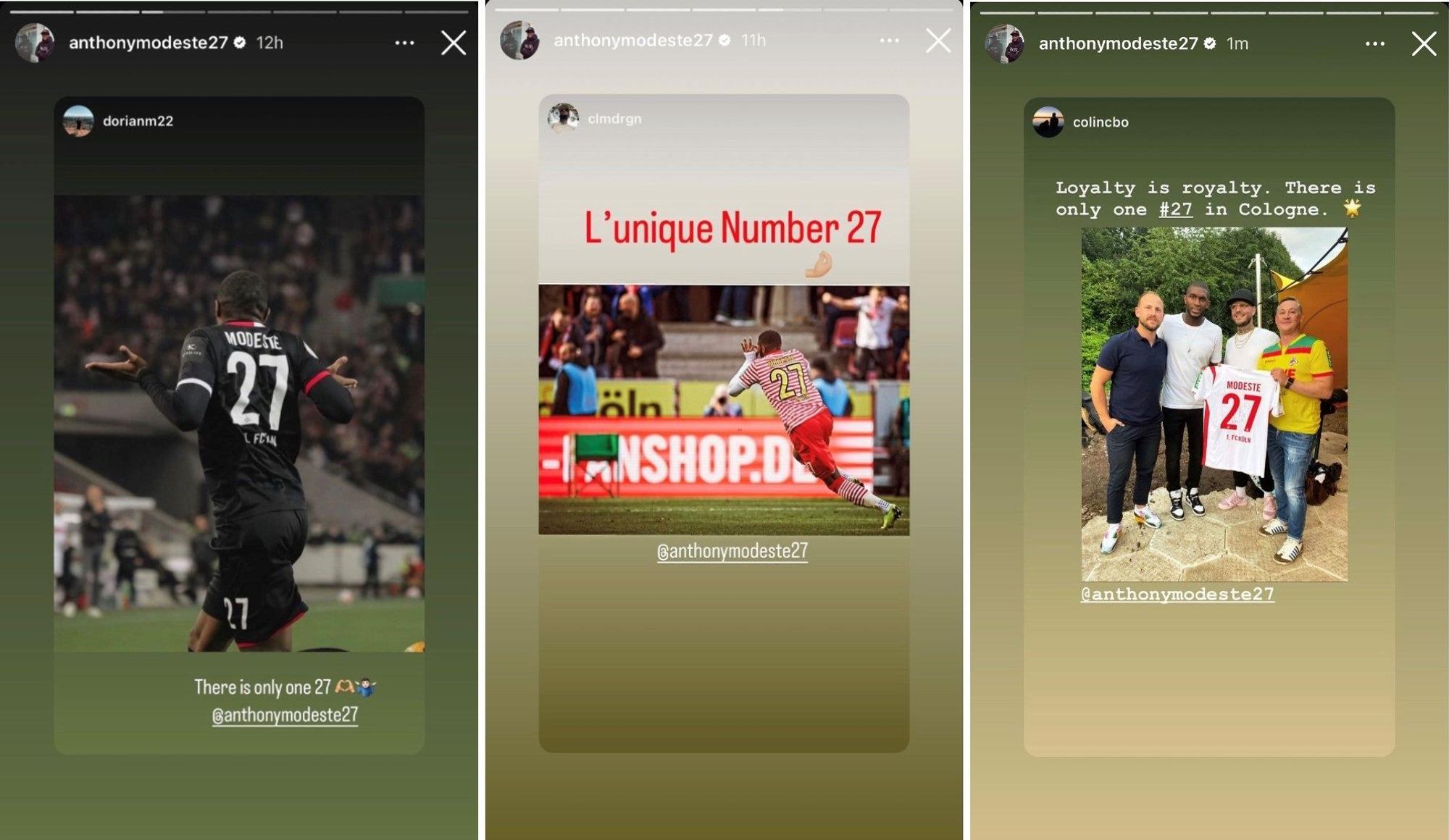 Die Collage aus Screenshots zeigt Instagram-Stores des ehemaligen FC-Stürmers Anthony Modeste.