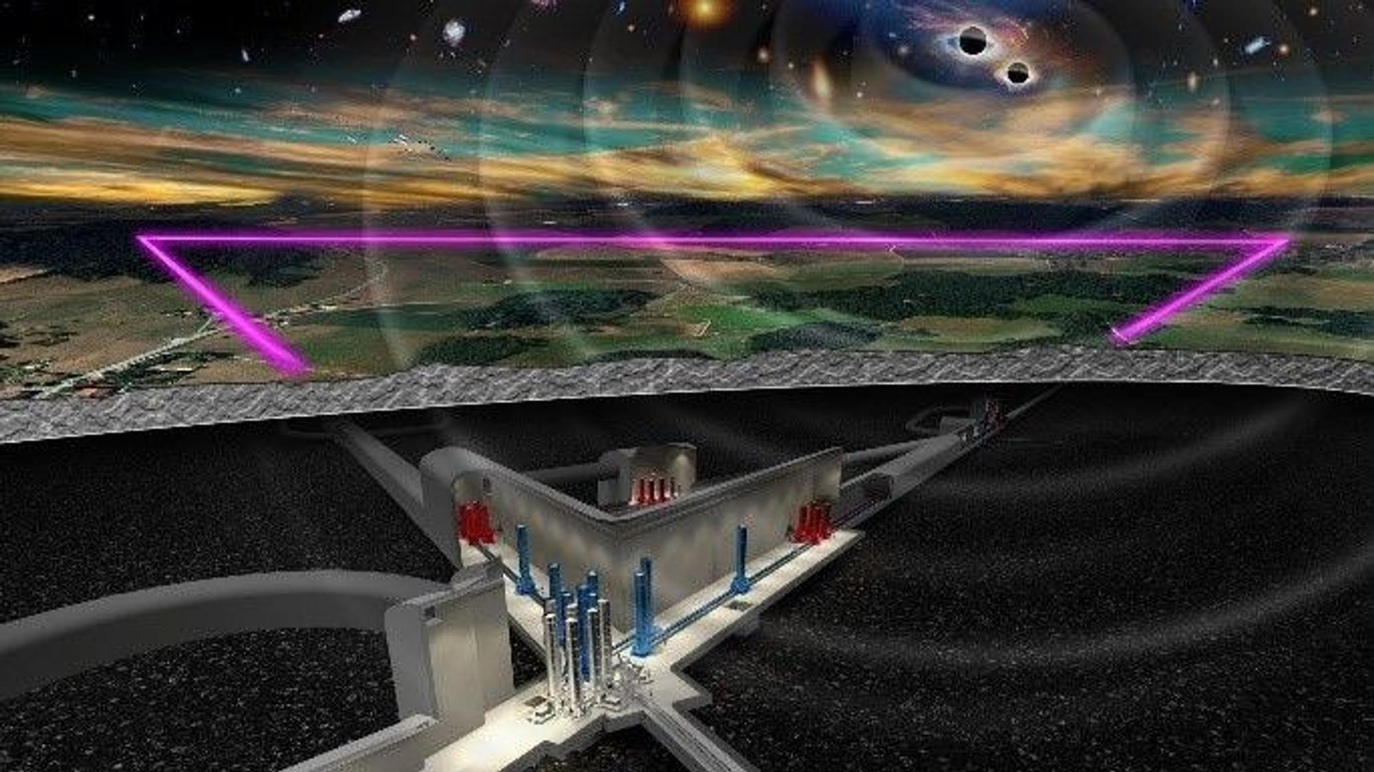 Die Grafik zeigt Gravitationswellen aus dem Weltall, die auf das dreieckige Einstein-Teleskop treffen.
