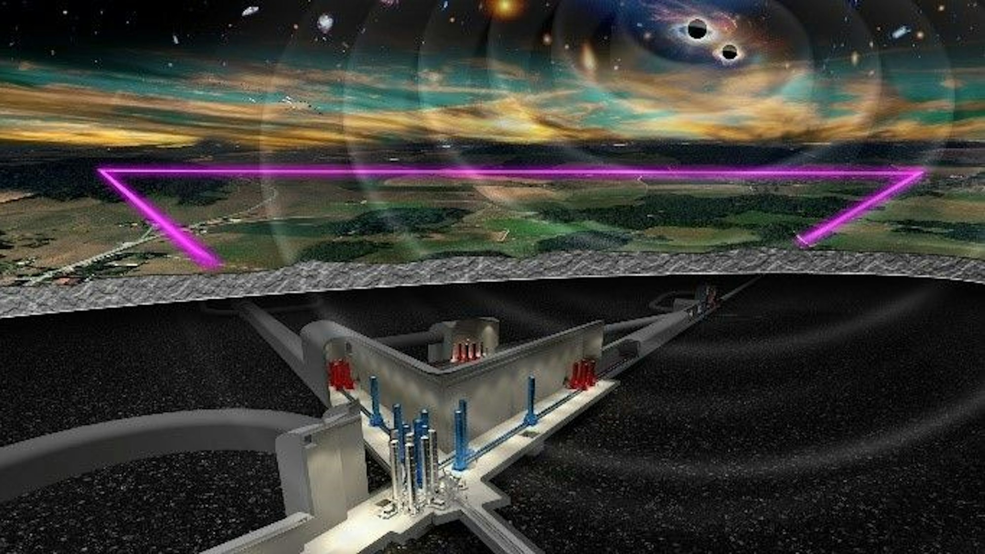 Die Grafik zeigt Gravitationswellen aus dem Weltall, die auf das dreieckige Einstein-Teleskop treffen.
