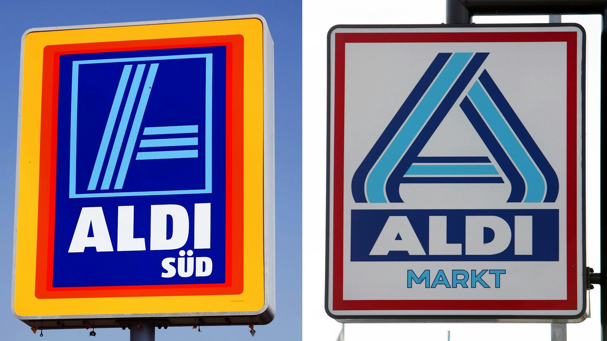Die Bild-Kombo zeigt die Schilder von Aldi Süd und Aldi Nord. (Archivbild)