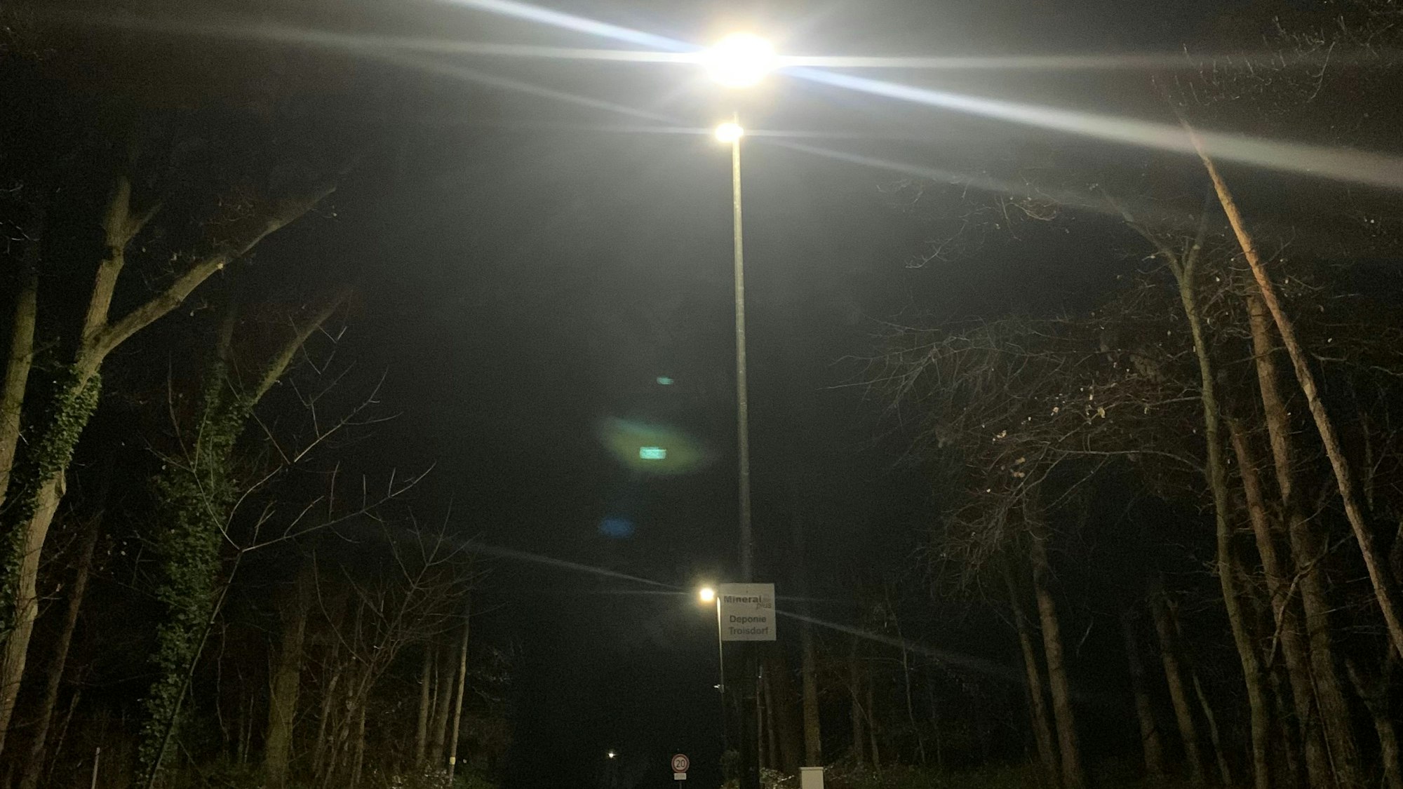 Eine Laterne strahlt in der Dunkelheit heller als der Mond dahinter. Links und rechts stehen Bäume.