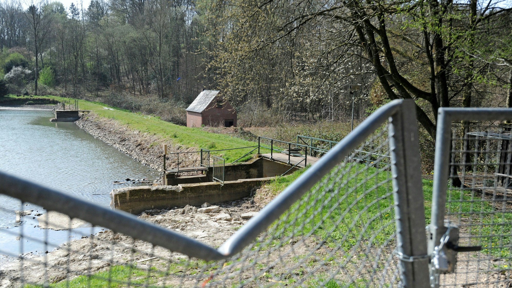 Der Damm des Weihers unterhalb der Diepentalsperre hinter einem zerbäulten Zaun.