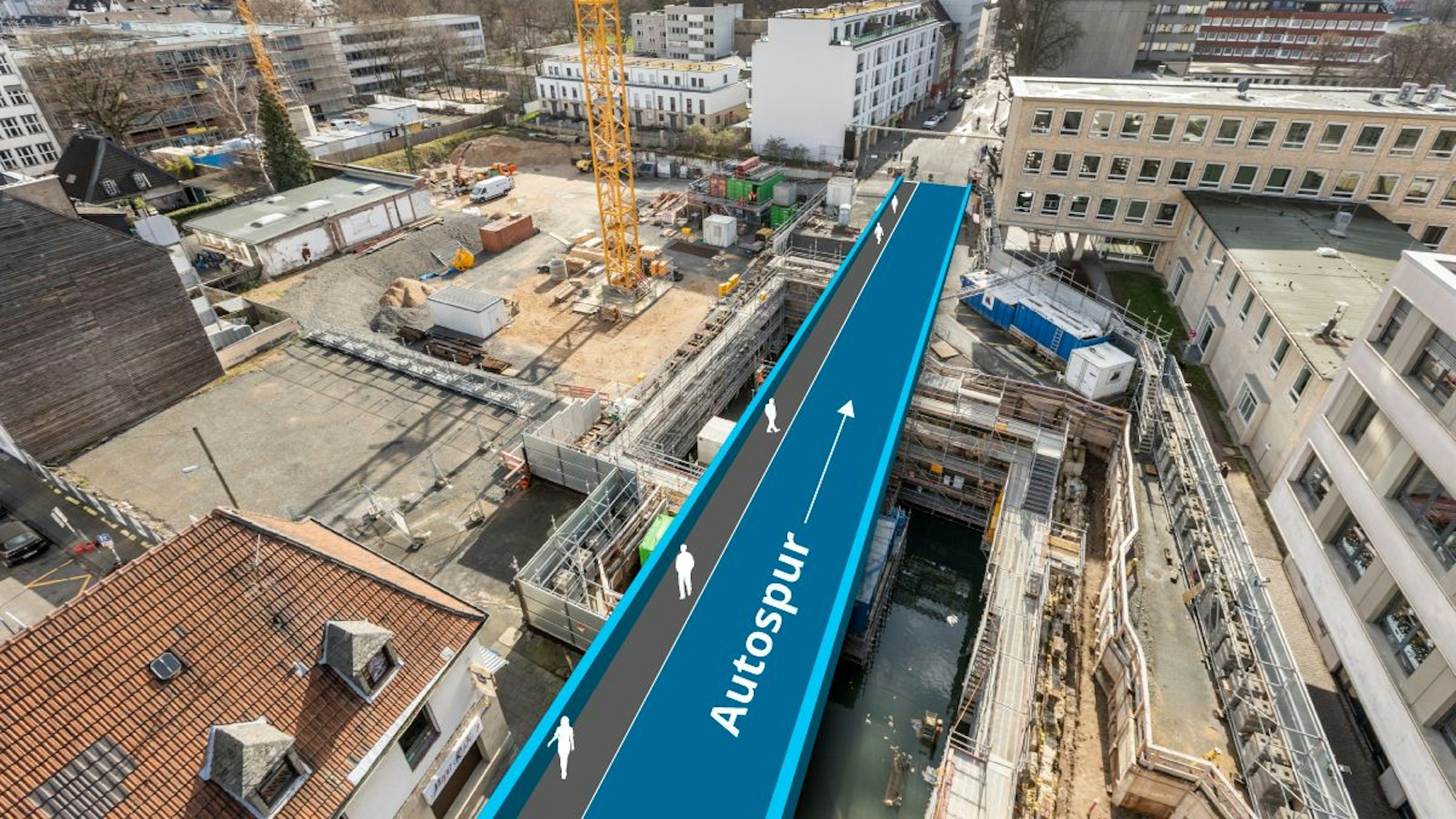 Eine visualisierte Brücke führt über das eingestürzte Stadtarchiv in Richtung Südstadt.