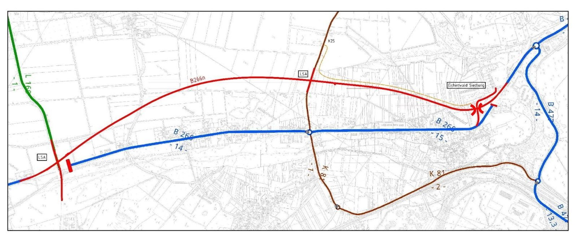Planungsskizze von Straßen.NRW zum Bau der Ortsumgehung Roggendorf im Zuge der B266.