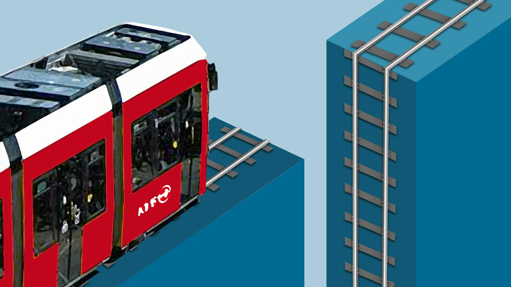 Eine rote KVB-Bahn fährt auf einer Schiene, die in den Abgrund führt.