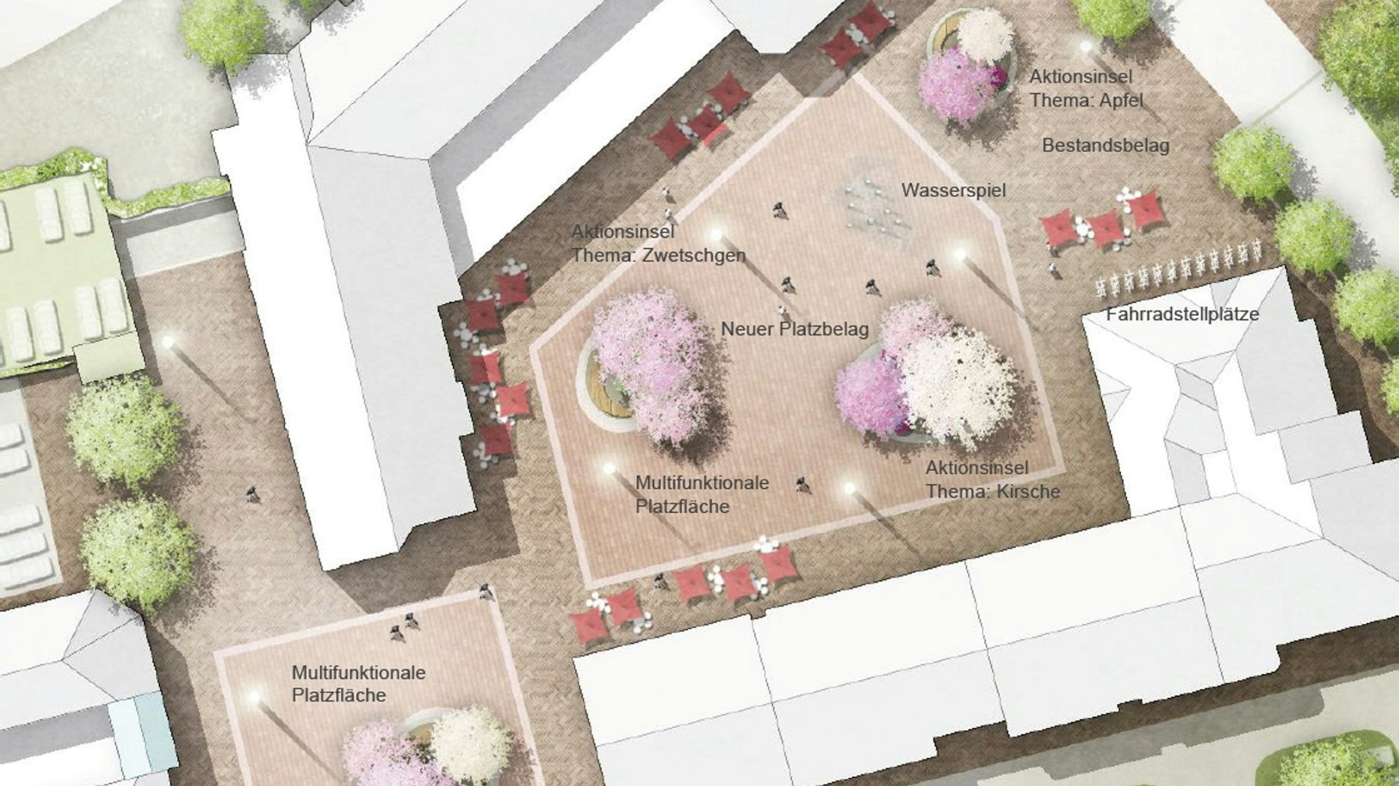 Planskizze für den Marktplatz Brückerfeld mit neuen Bauminseln und Wasserspiel.