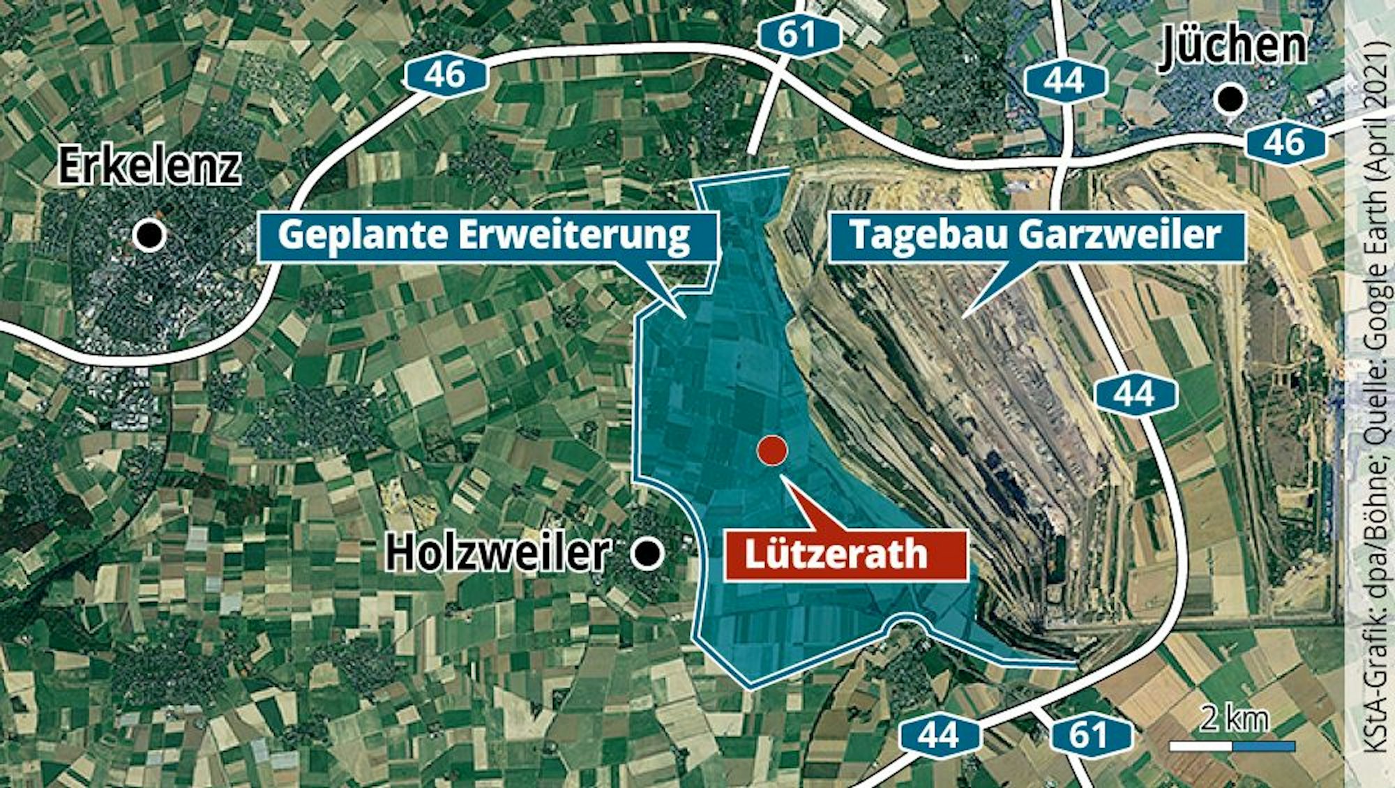 Die Grafik zeigt den Ort Lützerath im Rheinischen Braunkohlerevier am Tagebau Garzweiler sowie die geplante Erweiterung.