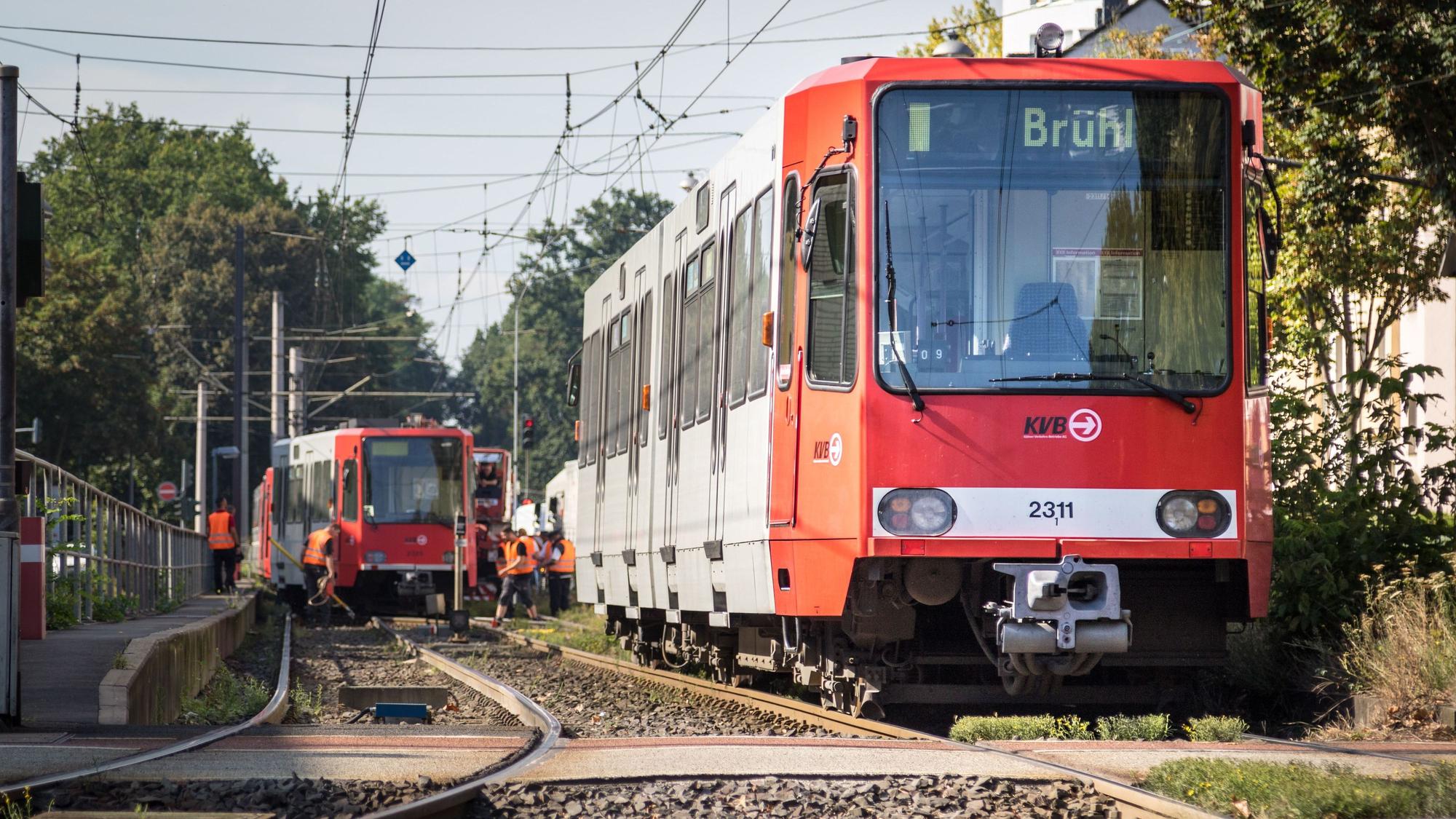 Zwei Bahnen der Linie 18 fahren auf den Gleisen.