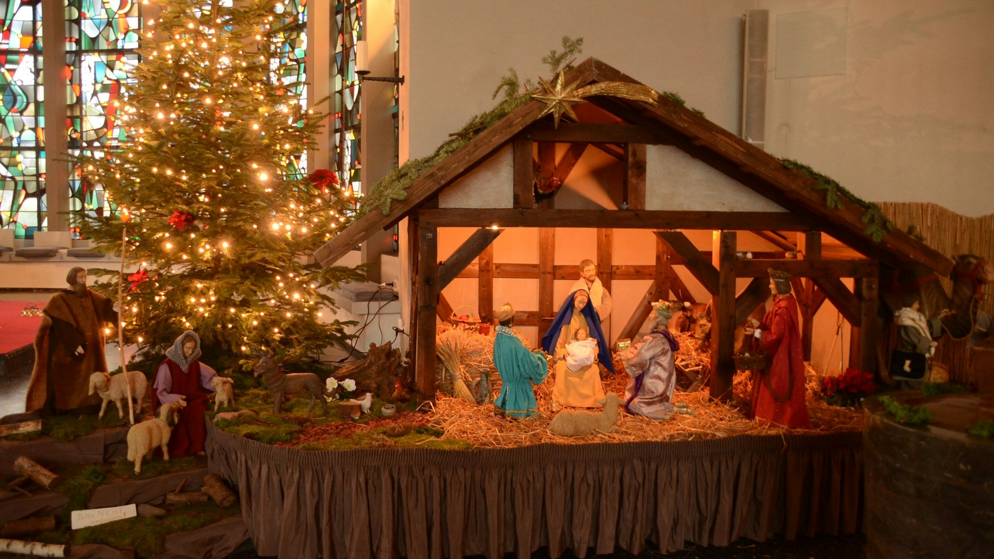 Krippe mit erleuchtetem Weihnachtsbaum vor Buntglasfenter links im Bild.