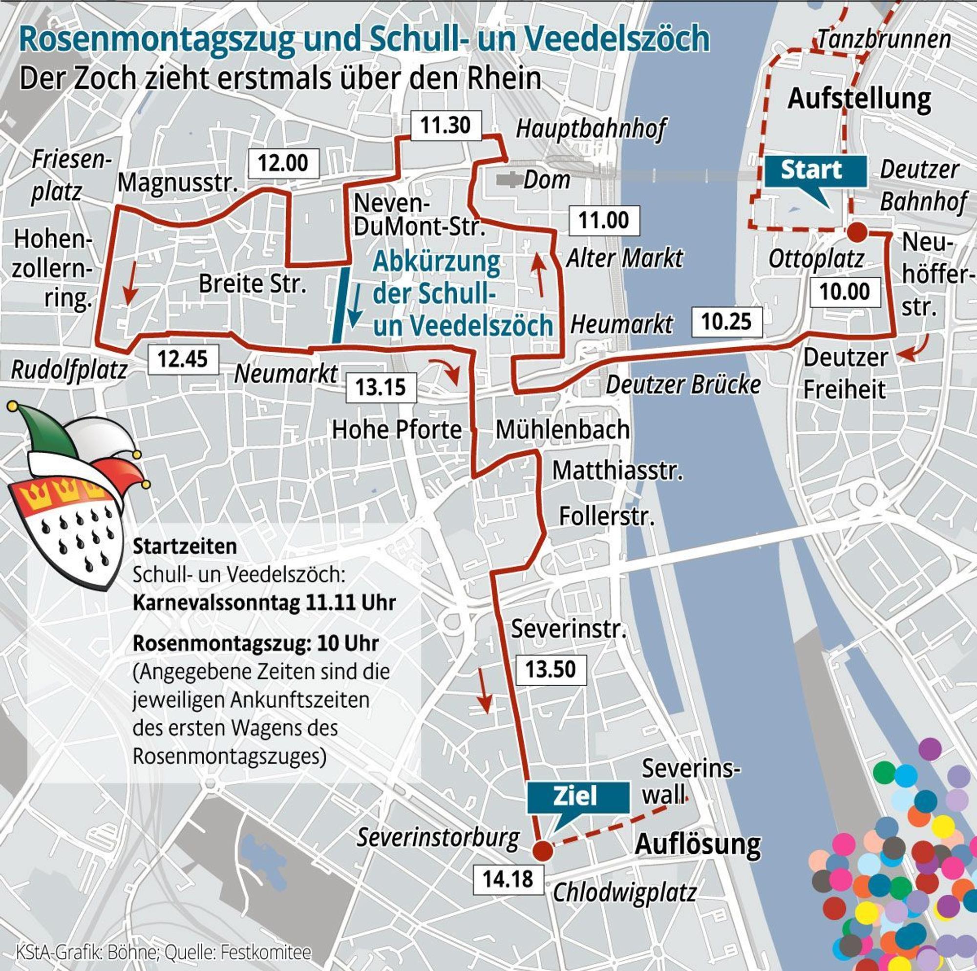 Streckenplan Rosenmontagszug und Schull- un Veedelszöch