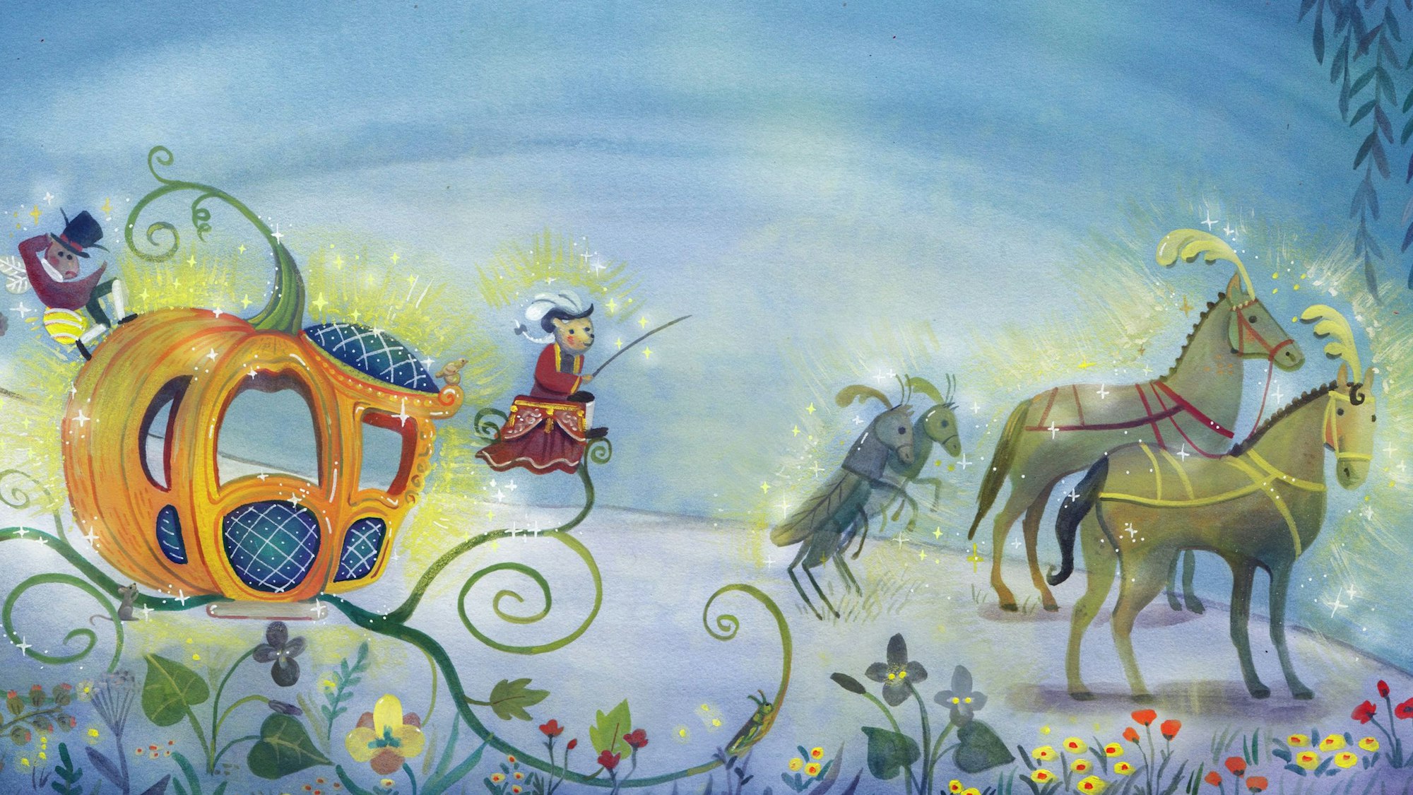 Die Fee verwandelt einen Kürbis in eine Kutsche