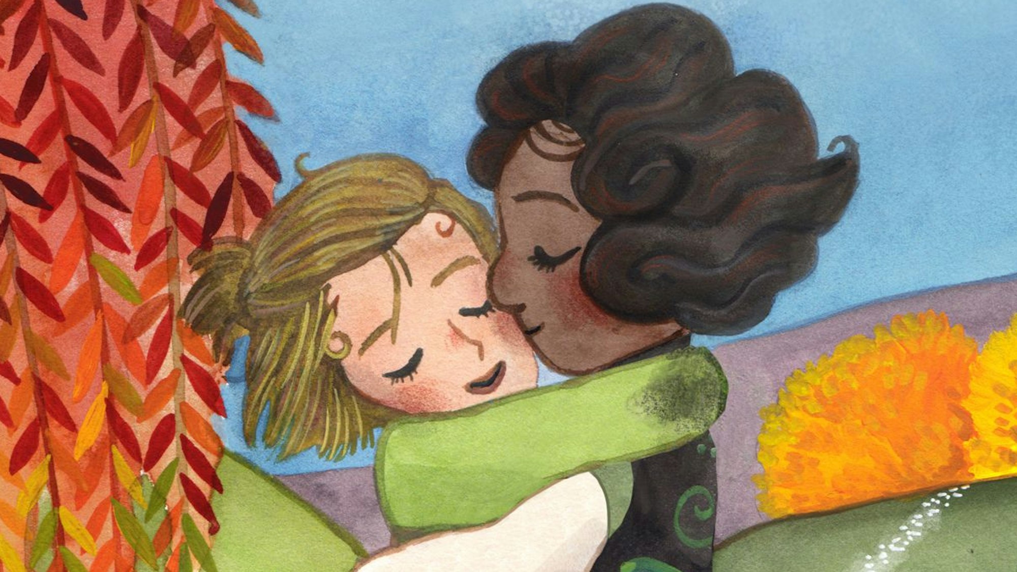 Szene aus dem Buch. Aschenputtel umarmt ihre schwarze Stiefmutter.