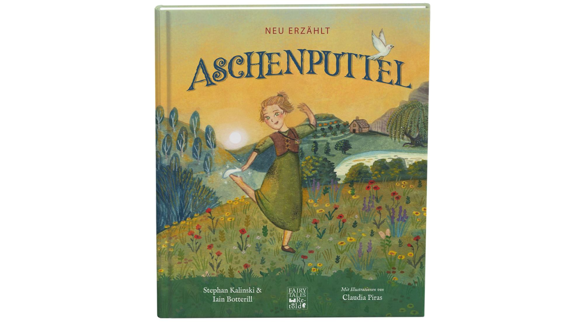 Buchcover von Aschenputtel. Auf dem Bild steht Aschenputtel auf einer blumigen Wiese und zieht sich einen Glasschuh aus.