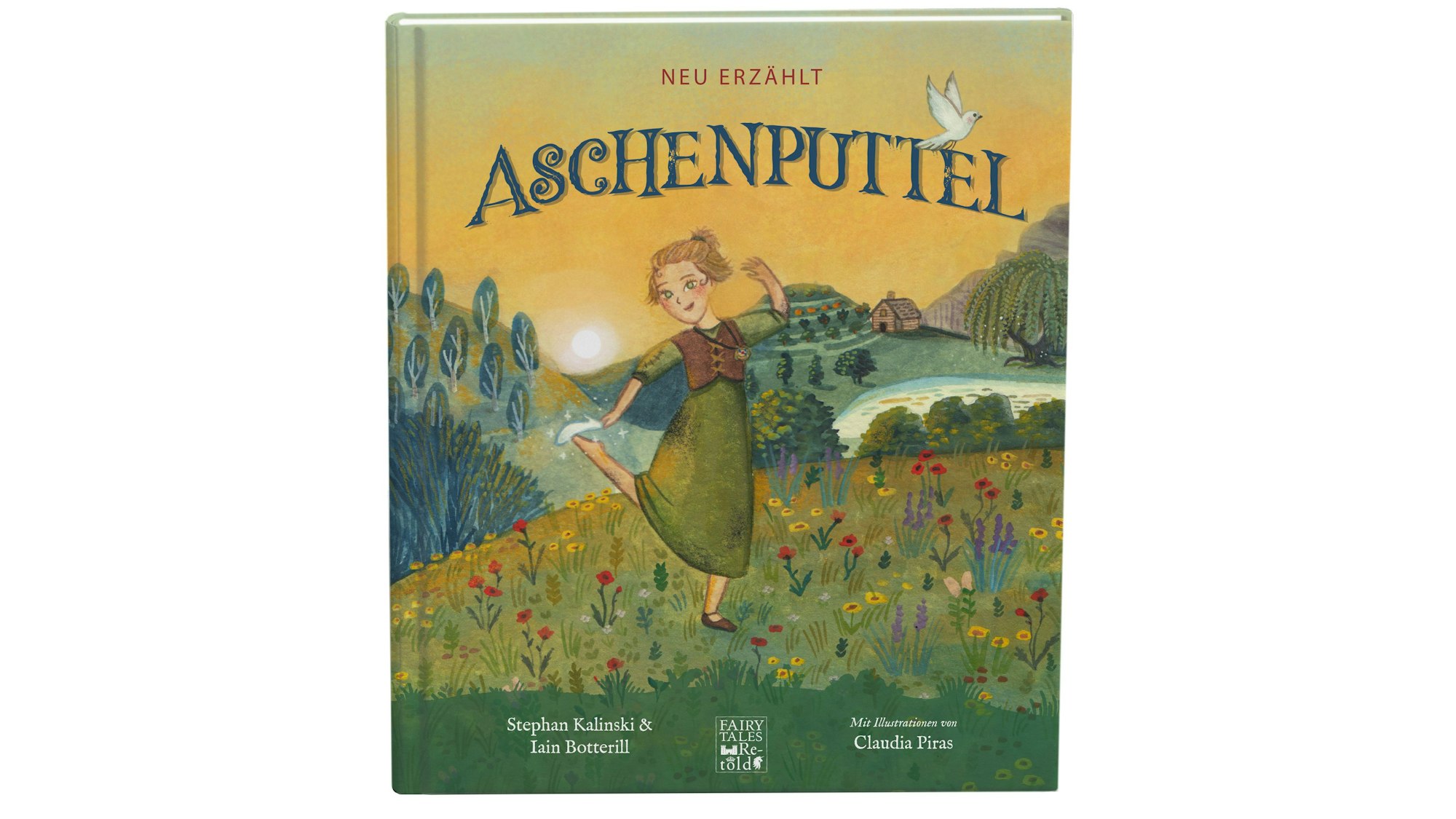 Buchcover von Aschenputtel. Auf dem Bild steht Aschenputtel auf einer blumigen Wiese und zieht sich einen Glasschuh aus.