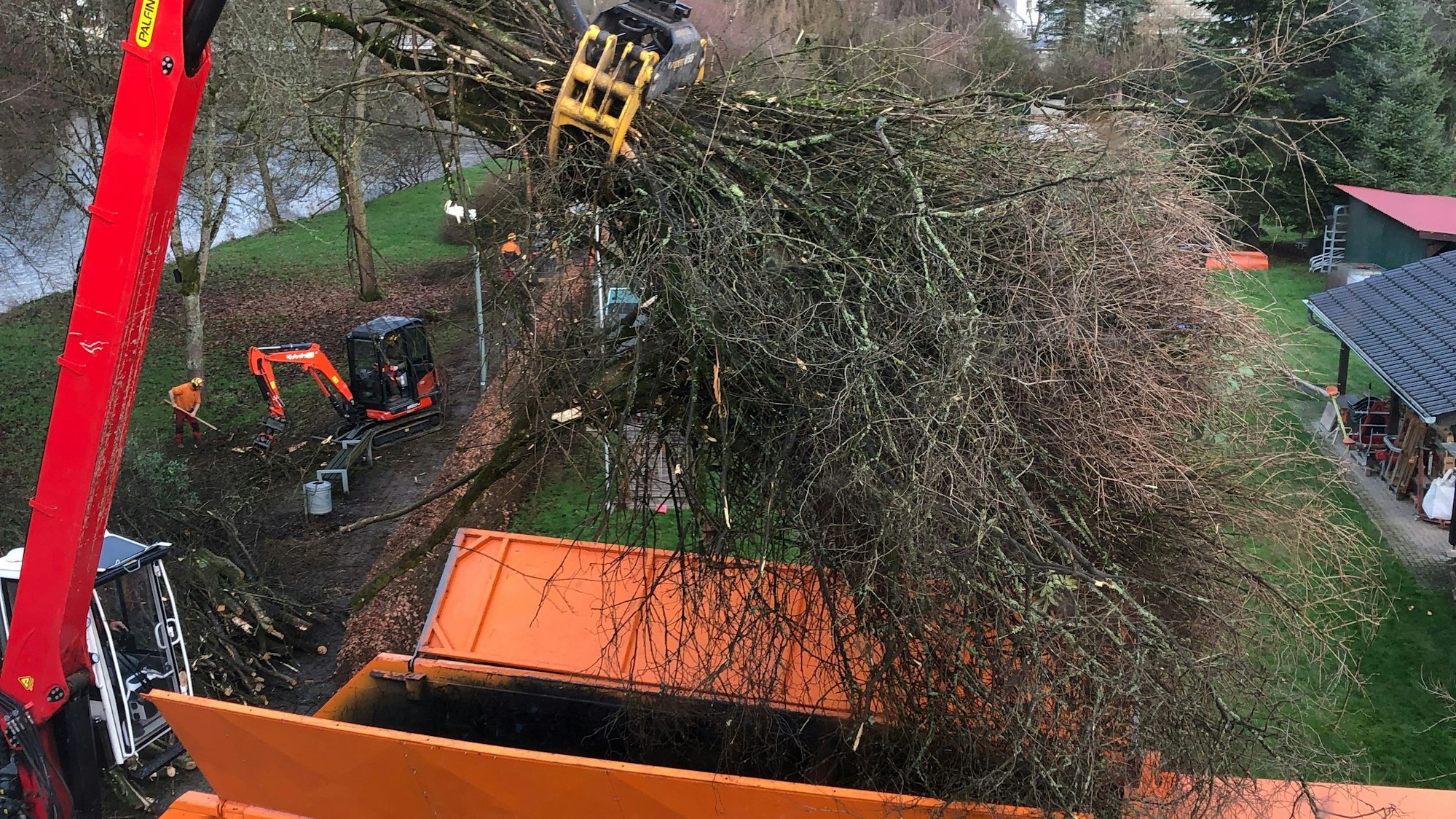 Ein Kranarm hat große Äste gegriffen und hebt sie in einen Laster.