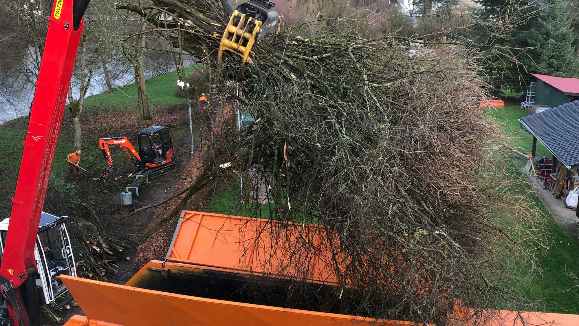 Ein Kranarm hat große Äste gegriffen und hebt sie in einen Laster.