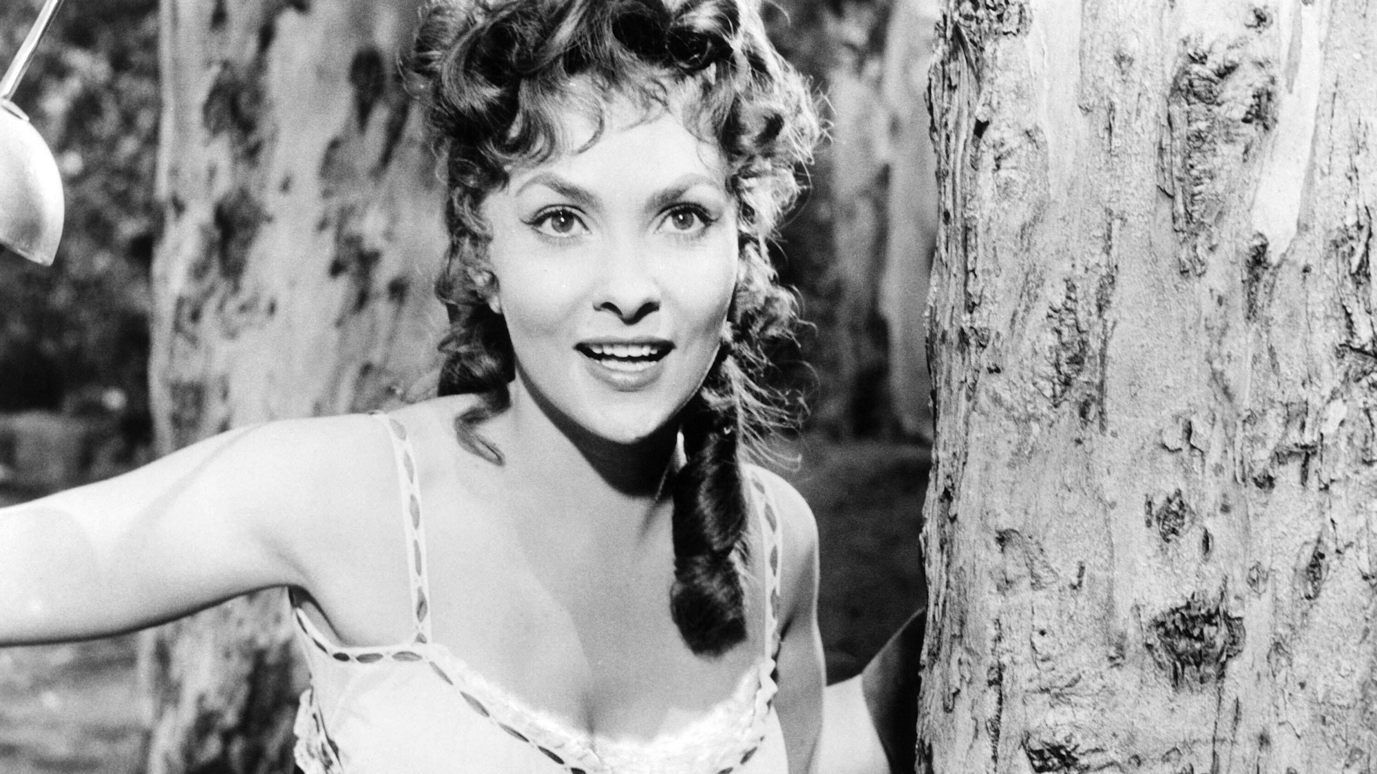 Gina Lollobrigida in einer Corsage, lachend an einen Baum gelehnt