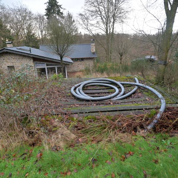 Ein Haus steht auf einem verwucherten Grundstück, eine Bretterbude erhebt sich im Vordergrund.