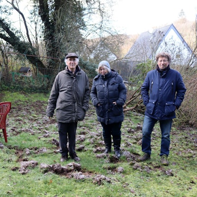 Siegfried Bauer (v.l.), Viola Pöschke-Bauer und Dieter Temming stehen im von Wildschweinen verwüsteten Garten der Bauers am Finkenweg in Bad Münstereifel.