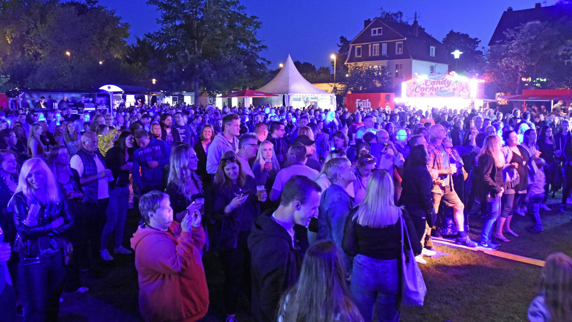 Zuschauer abends vor der Festivalbühne im Park.