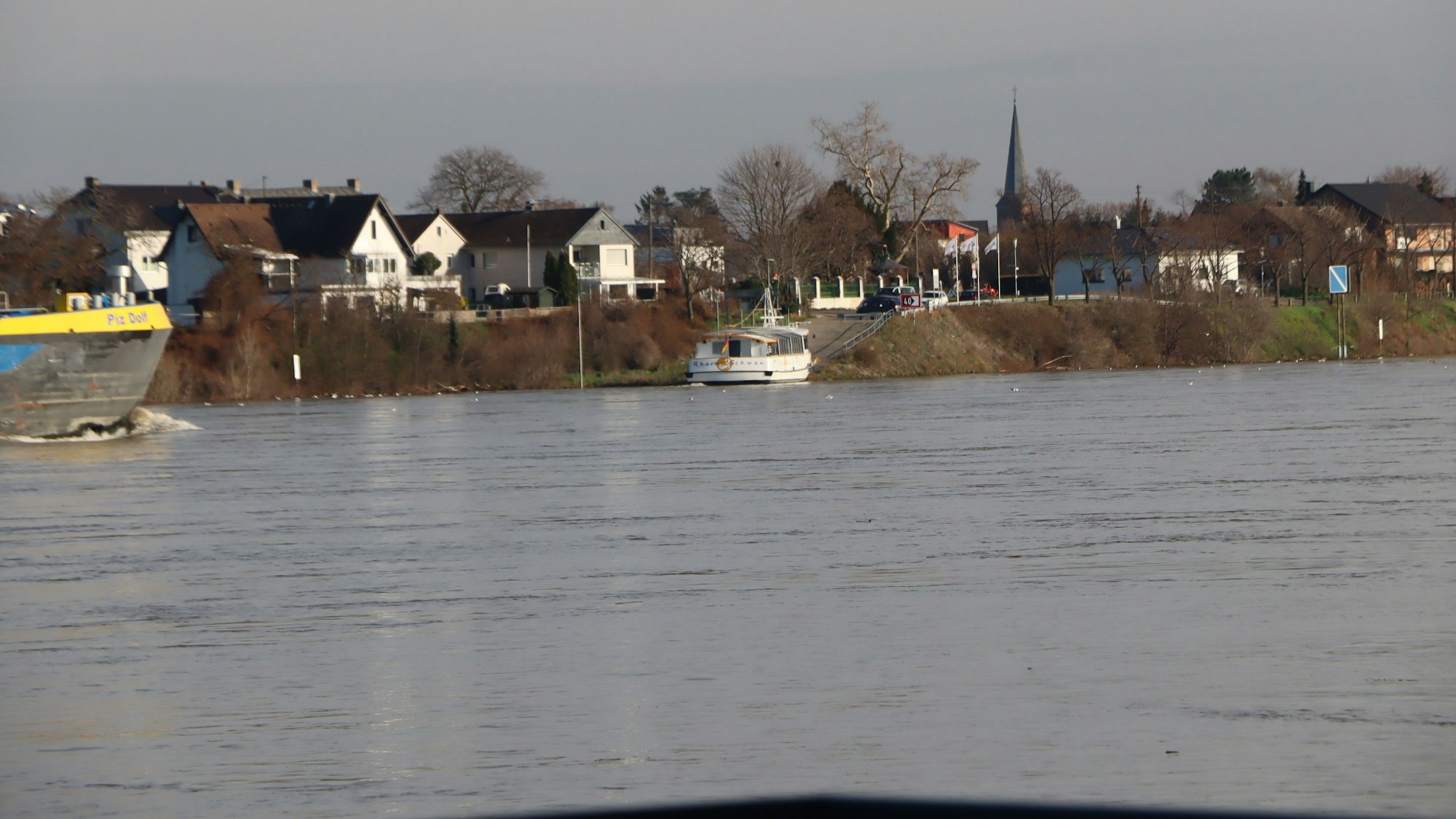 Das Foto zeigt den Rhein bei Wesseling. Im Hintergrund ist die Fähre Rheinschwan zu sehen.