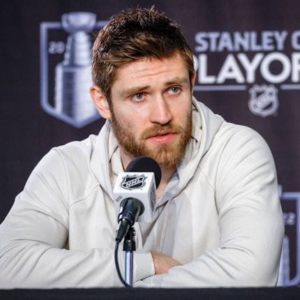 Edmonton Oilers center Leon Draisaitl speaks at a media availability in Edmonton, Alberta, Monday, May 23, 2022. (Jeff McIntosh/The Canadian Press via AP)