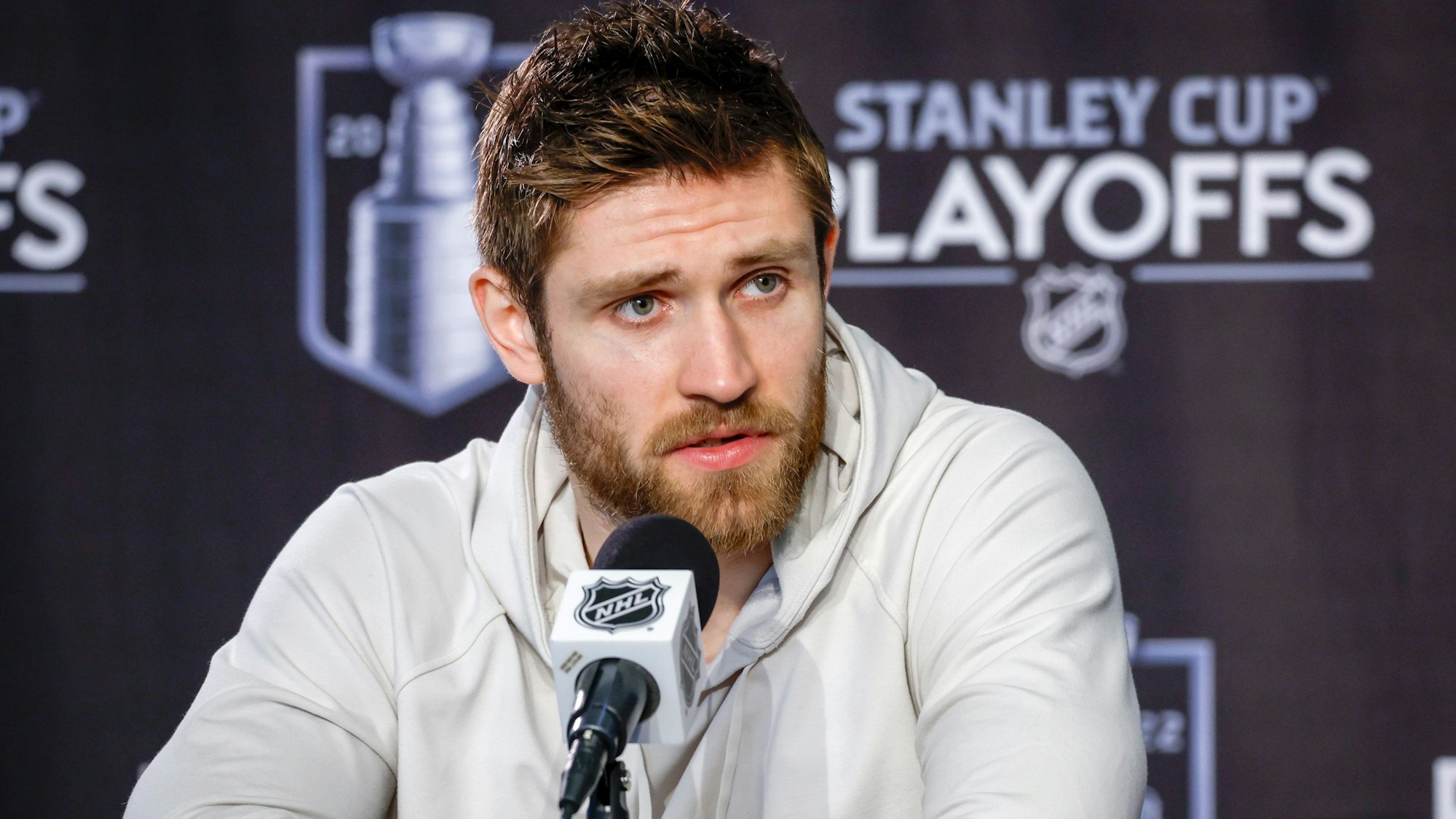 Edmonton Oilers center Leon Draisaitl speaks at a media availability in Edmonton, Alberta, Monday, May 23, 2022. (Jeff McIntosh/The Canadian Press via AP)