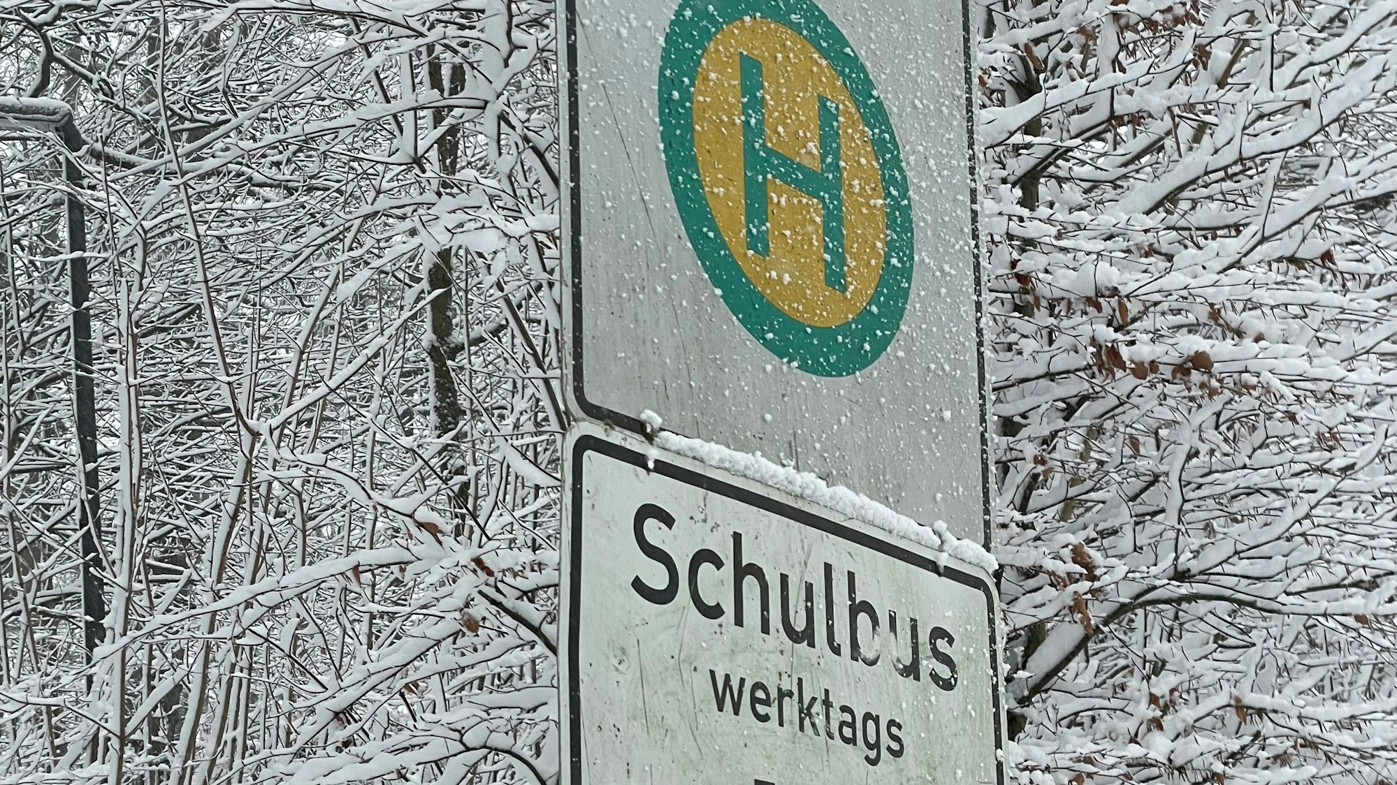 Ein Schild einer Schulbushaltestelle ist verschneit.