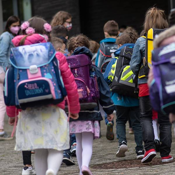 Eine Gruppe von Erstklässler sind mit ihren Schulrucksäcken von hinten zu sehen.
