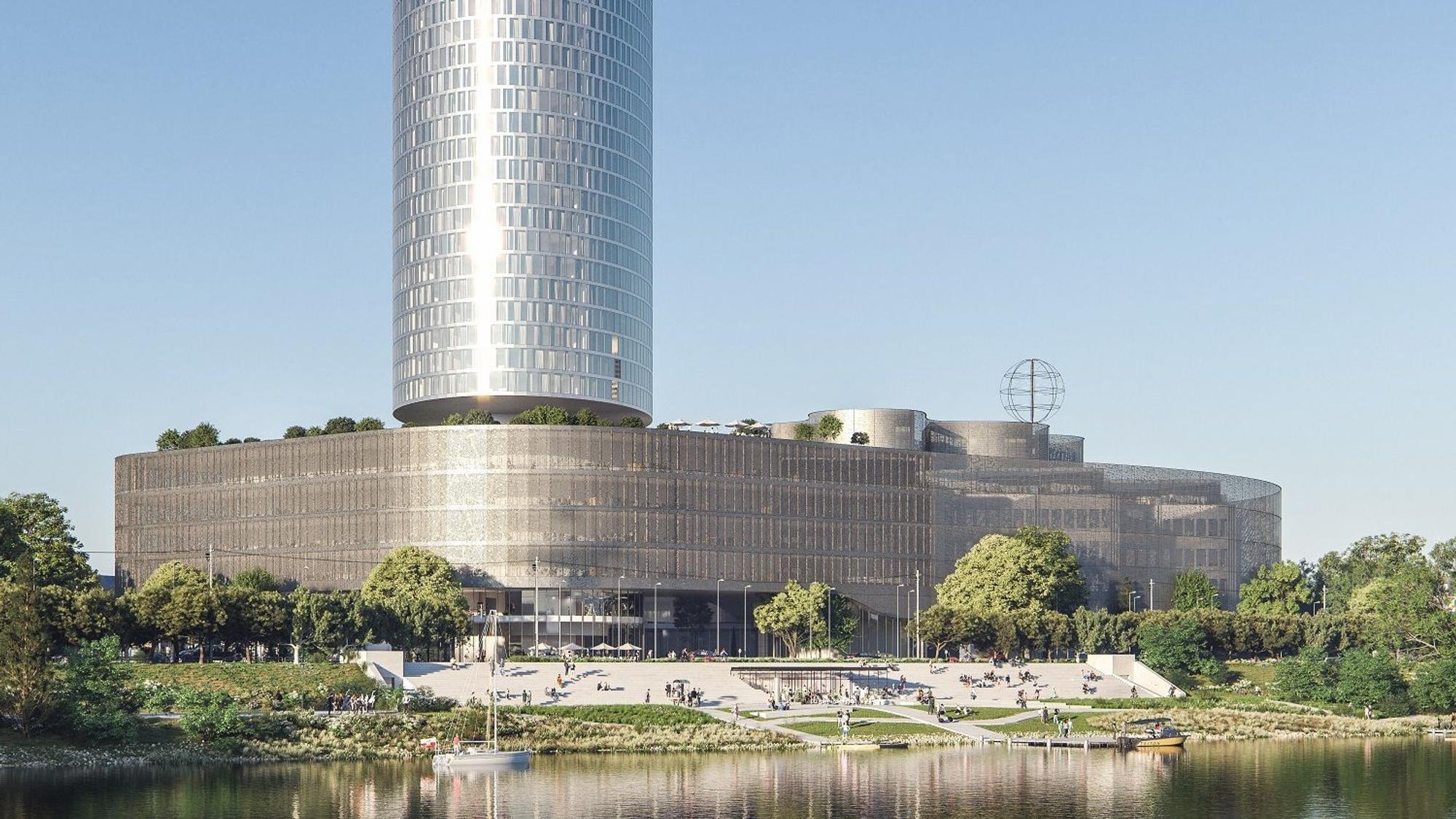 Das bild zeigt eine Visualisierung eines Hochhaus-Sockels, den die DEVK plant.