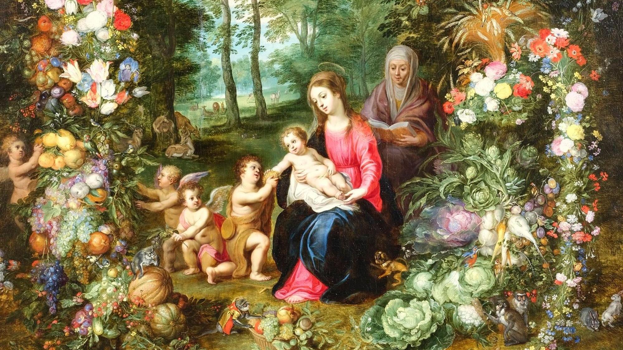 Jan Brueghels Gemälde zeigt Maria mit dem Jesuskind zwischen Blumen und Fruchtgirlanden