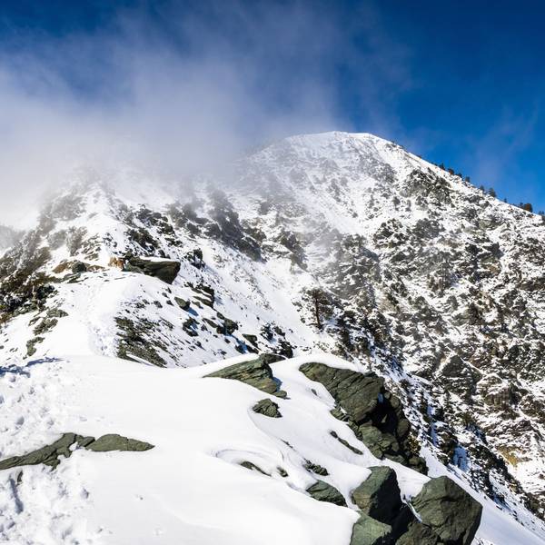 Mount San Antonio, auch Mount Baldy genannt, ist mit Schnee bedeckt. Über dem Gipfel hängt Nebel, es ist eine kleine Fußspur zu sehen.