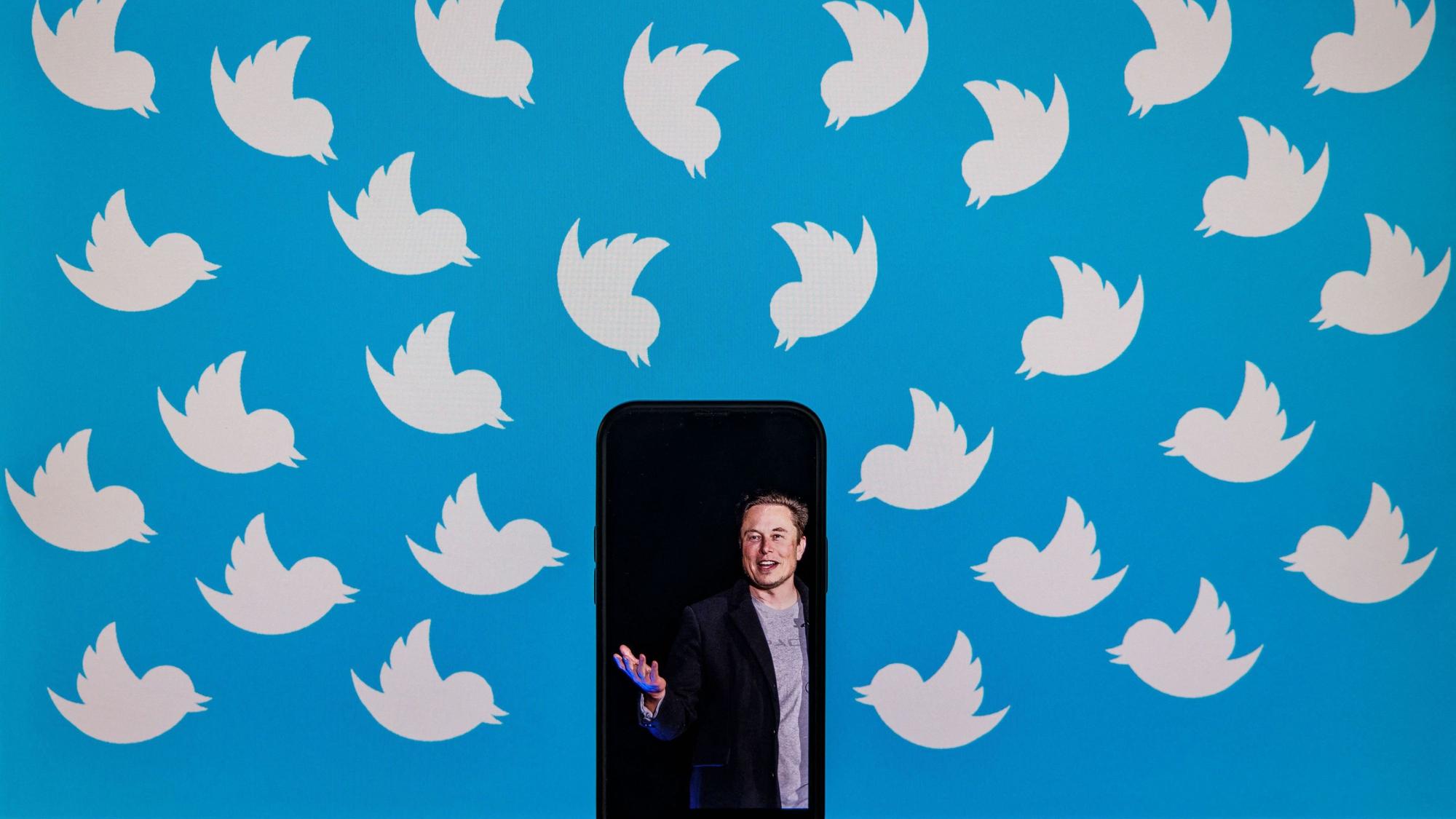 Man sieht einen Bildschirm mit Twitter-Logos, welche alle auf ein Handy mit Musks Bild ausgerichtet sind.