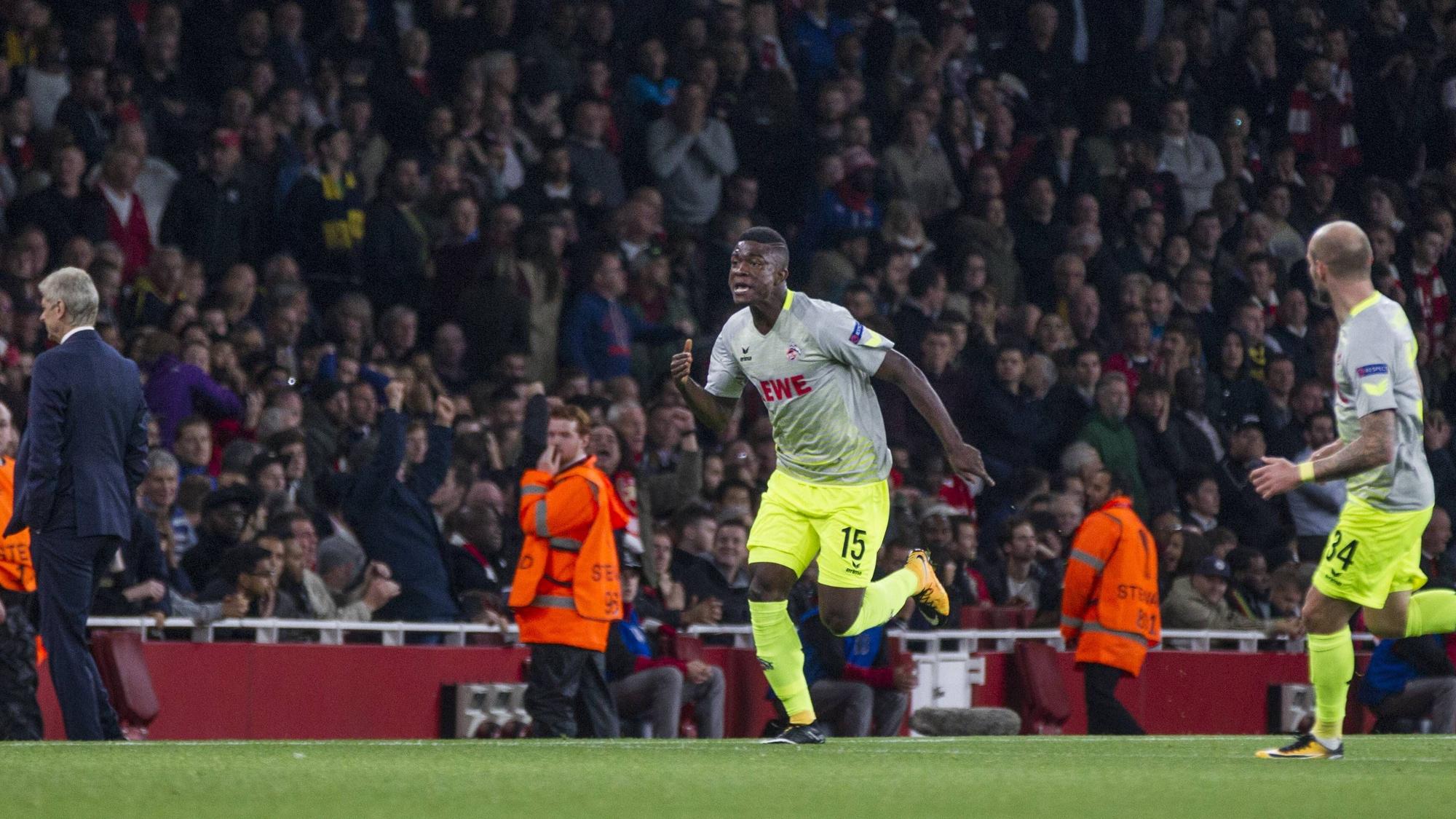 Jhon Cordoba schießt den 1. FC Köln mit seinem Treffer zum zwischenzeitlichen 1:0 im Emirates Stadium gegen den FC Arsenal nach 25 Jahren zurück auf die europäische Bühne.