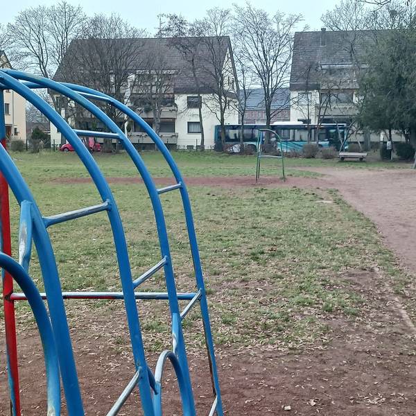 Spielgeräte stehen auf einer verdorrten Wiese.
