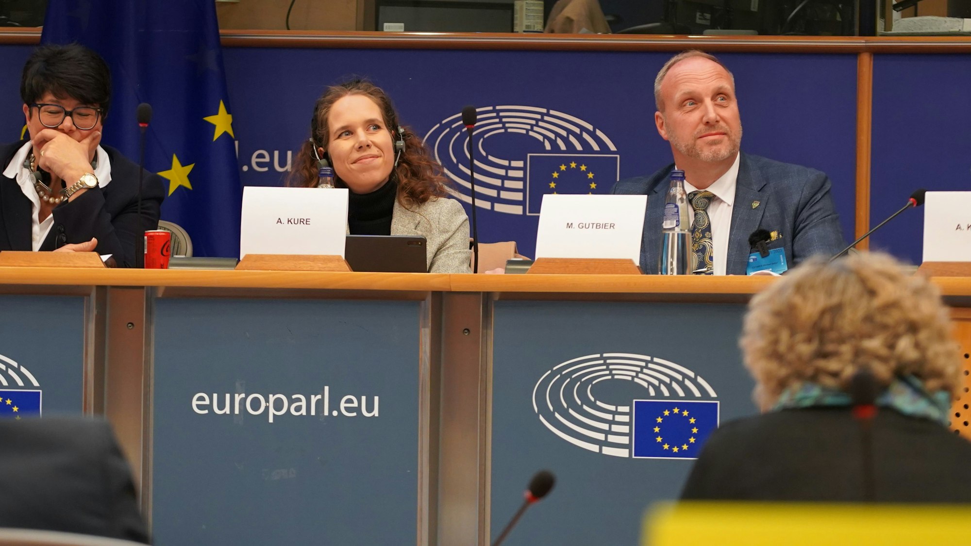 Ana Kure aus Ljubljana und Michael Gutbier aus Leverkusen auf ihren Sitzplätzen im Kulturausschuss des Europäischen Parlaments in Brüssel
