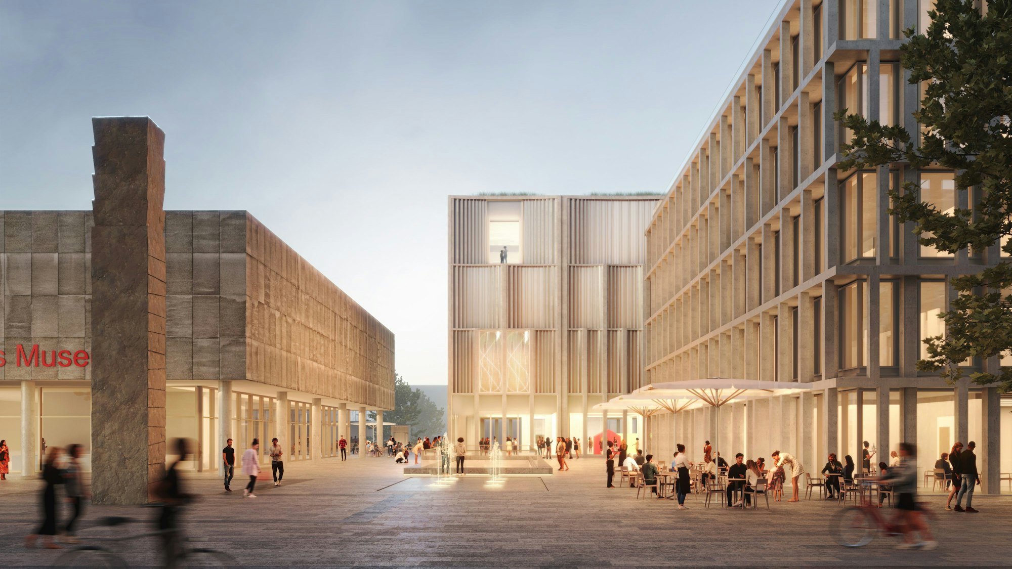 Die Visualisierung zeigt, wie die Historische Mitte Kölns in wenigen Jahren aussehen soll. In der Mitte das neue Kölnsiche Stadtmuseum, links das Römisch-Germanische Museum, rechts ein neues Bürohaus.