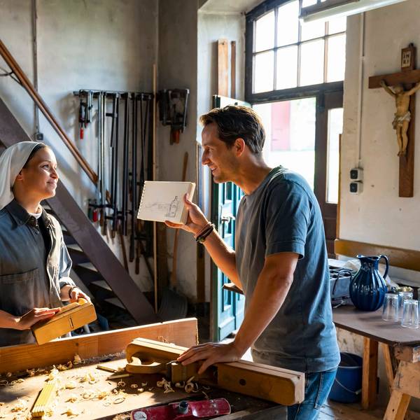 Szene aus dem ARD-Film „Da hilft nur beten“ mit Kristin Suckow und David Rott, der zum Teil im früheren Kloster Mariawald bei Heimbach gedreht wurde.