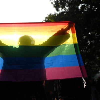 Es ist ein Mensch zu sehen, der eine Regebogenflagge in die Luft hält.